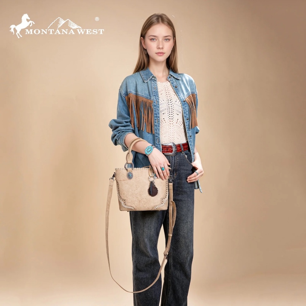 Montana West Taupe Tooled Leather Satchel with Sunflower Charm - Picture 4 of 5